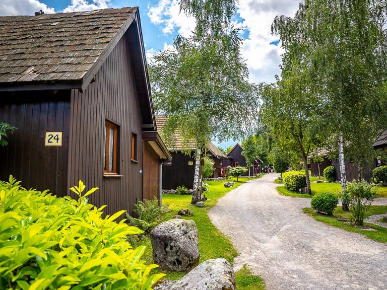 Chalets de la Wormsa et son restaurant Allée bordée de chalets en bois entourées de verdure et d'arbres.