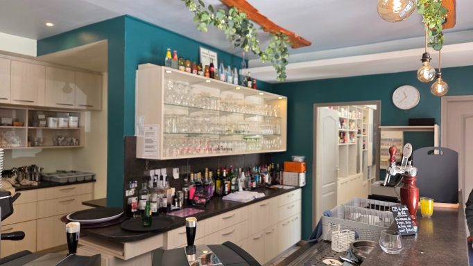 Cuisine moderne avec un bar, des étagères et des éléments décoratifs verts.